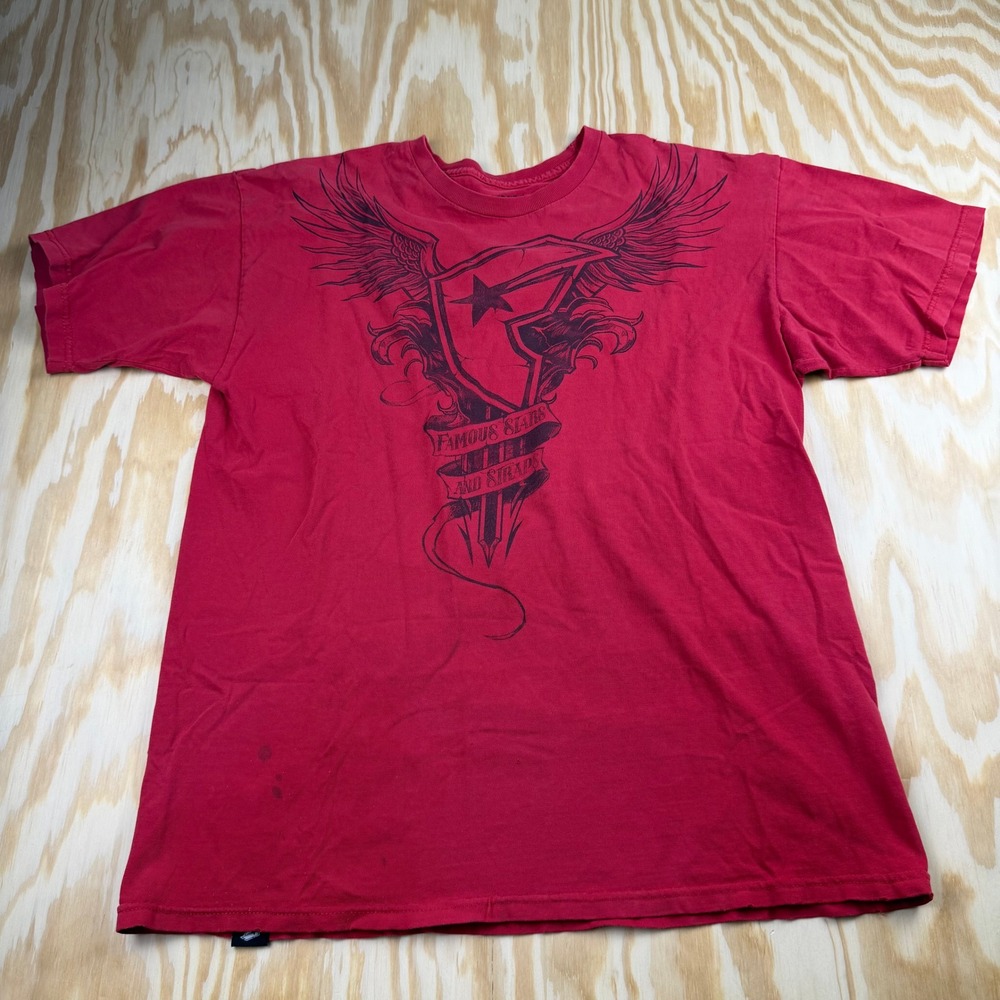 Famous Stars and Straps Mens Red Graphic T-Shirt Large Winged Logo Skate Street